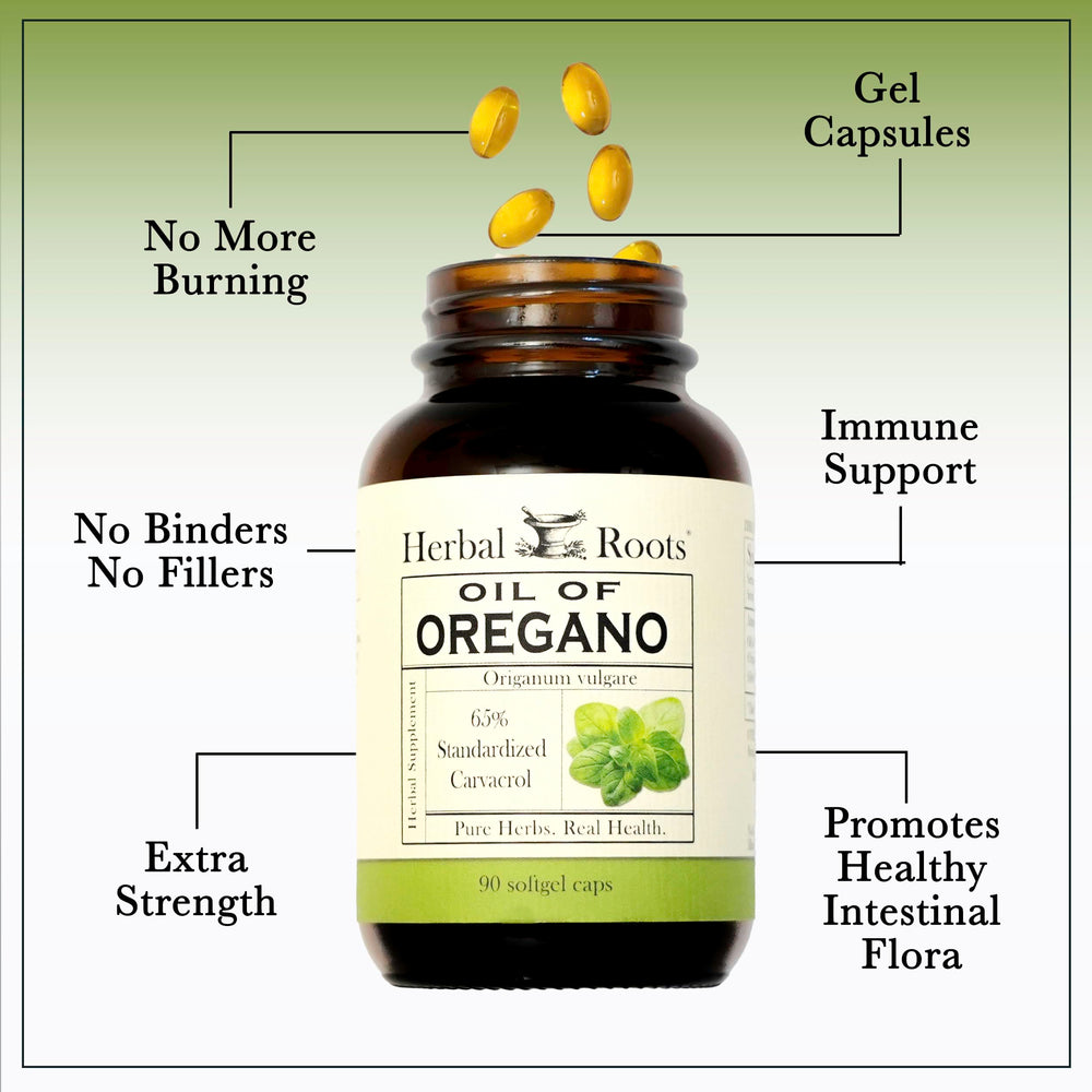 Herbal Roots cGMP-certified label on bottle packaging.