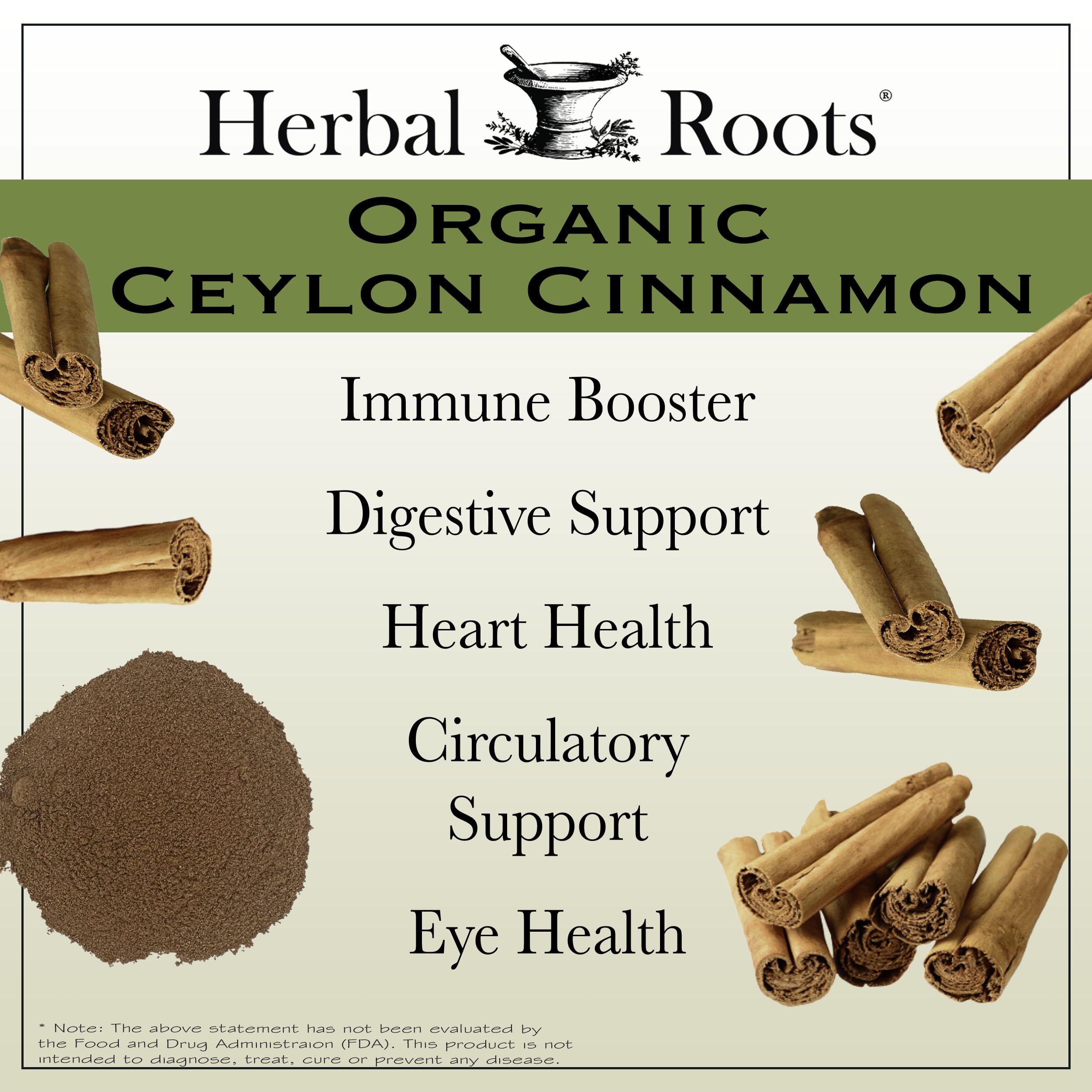 Cinnamon sticks beside Herbal Roots bottle showing warm spice aroma.