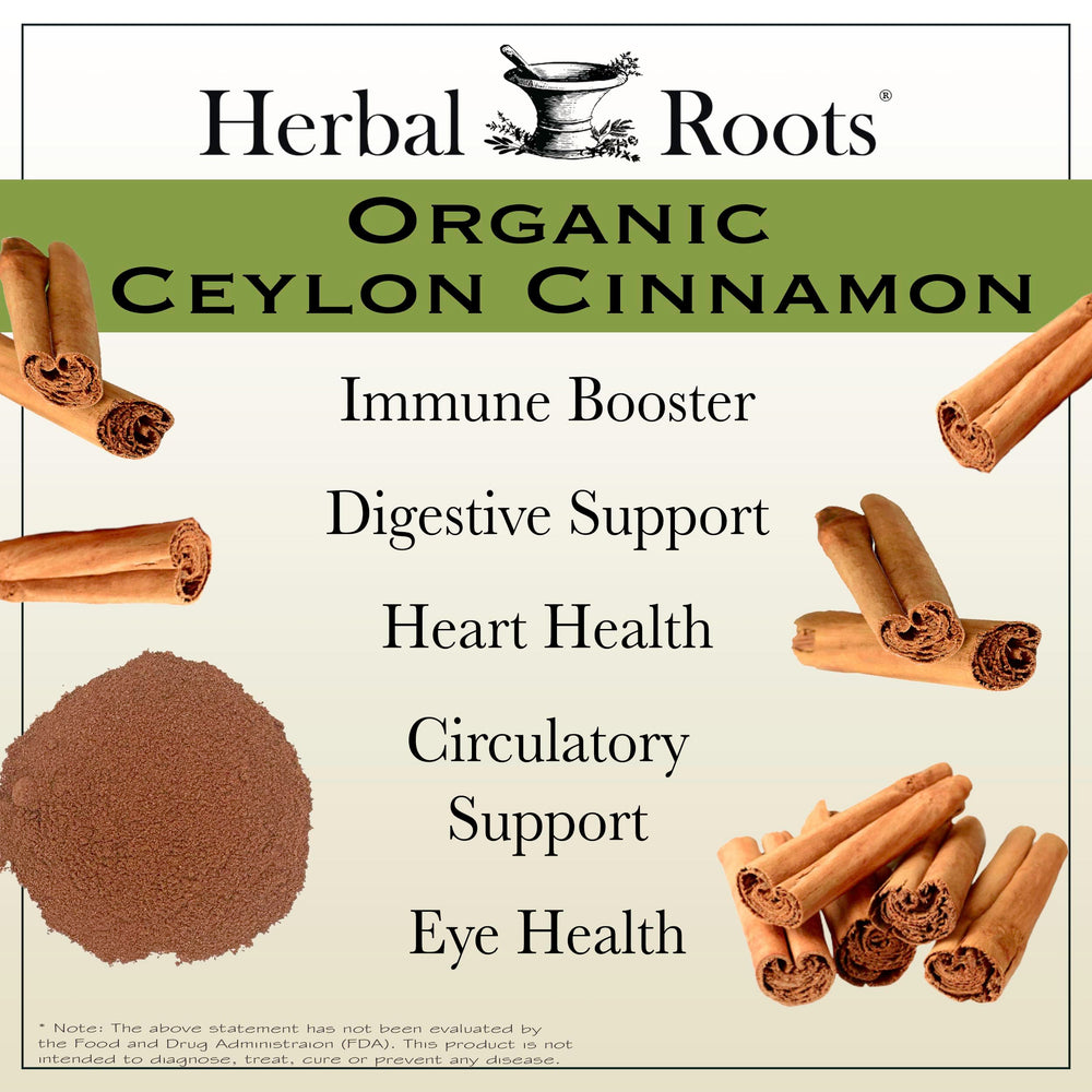 Cinnamon sticks beside Herbal Roots bottle showing warm spice aroma.