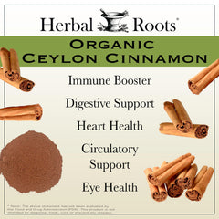 Cinnamon sticks beside Herbal Roots bottle showing warm spice aroma.