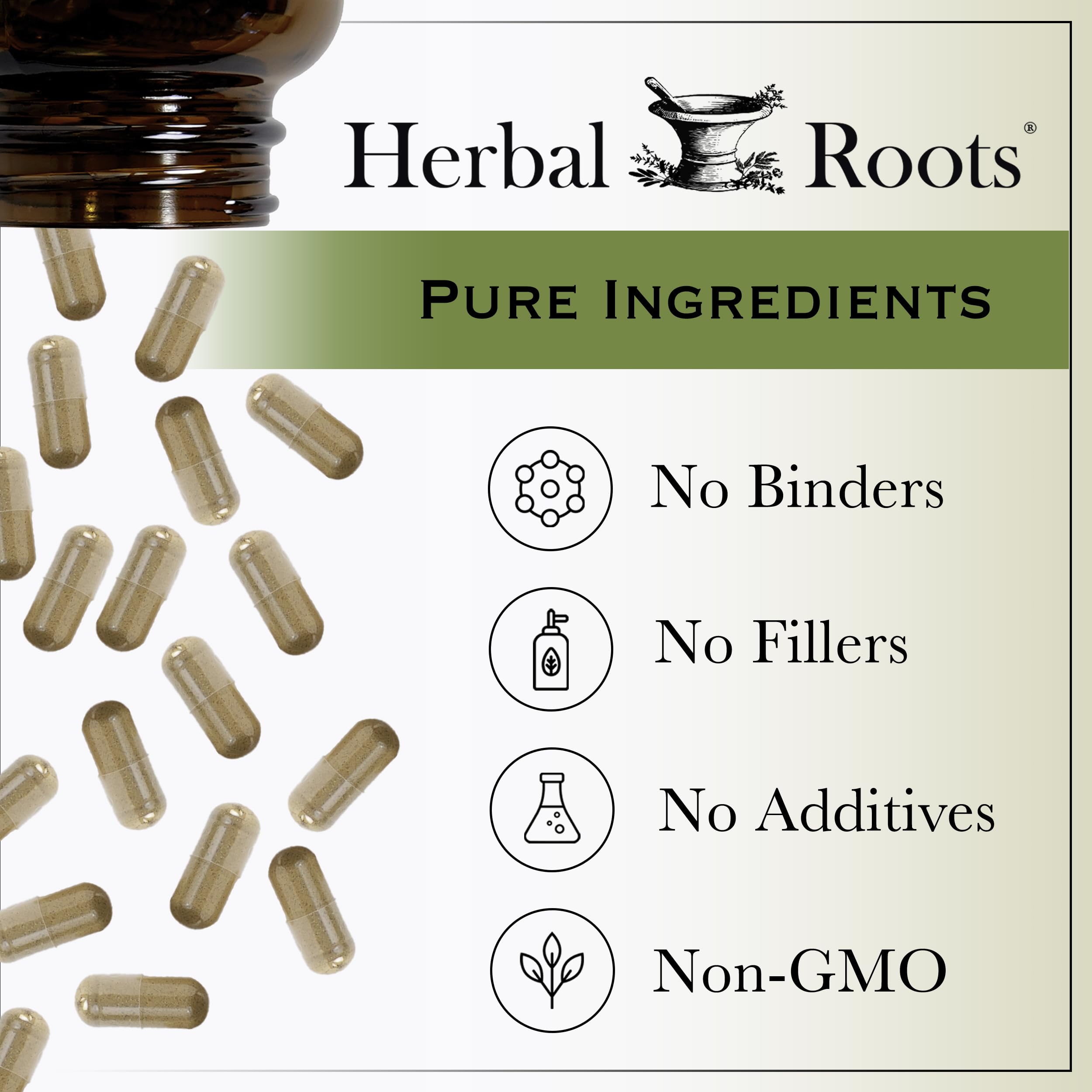Herbal Roots daily-use bottle emphasizes a family-owned, clean-label supplement.