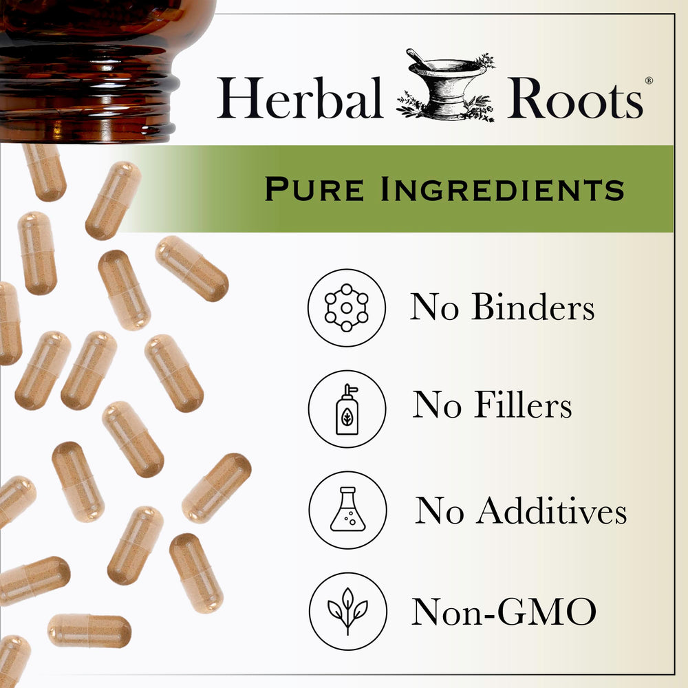 Herbal Roots daily-use bottle emphasizes a family-owned, clean-label supplement.