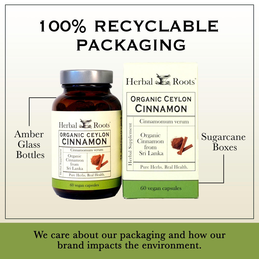 Herbal Roots family-owned brand logo beside cinnamon capsules.