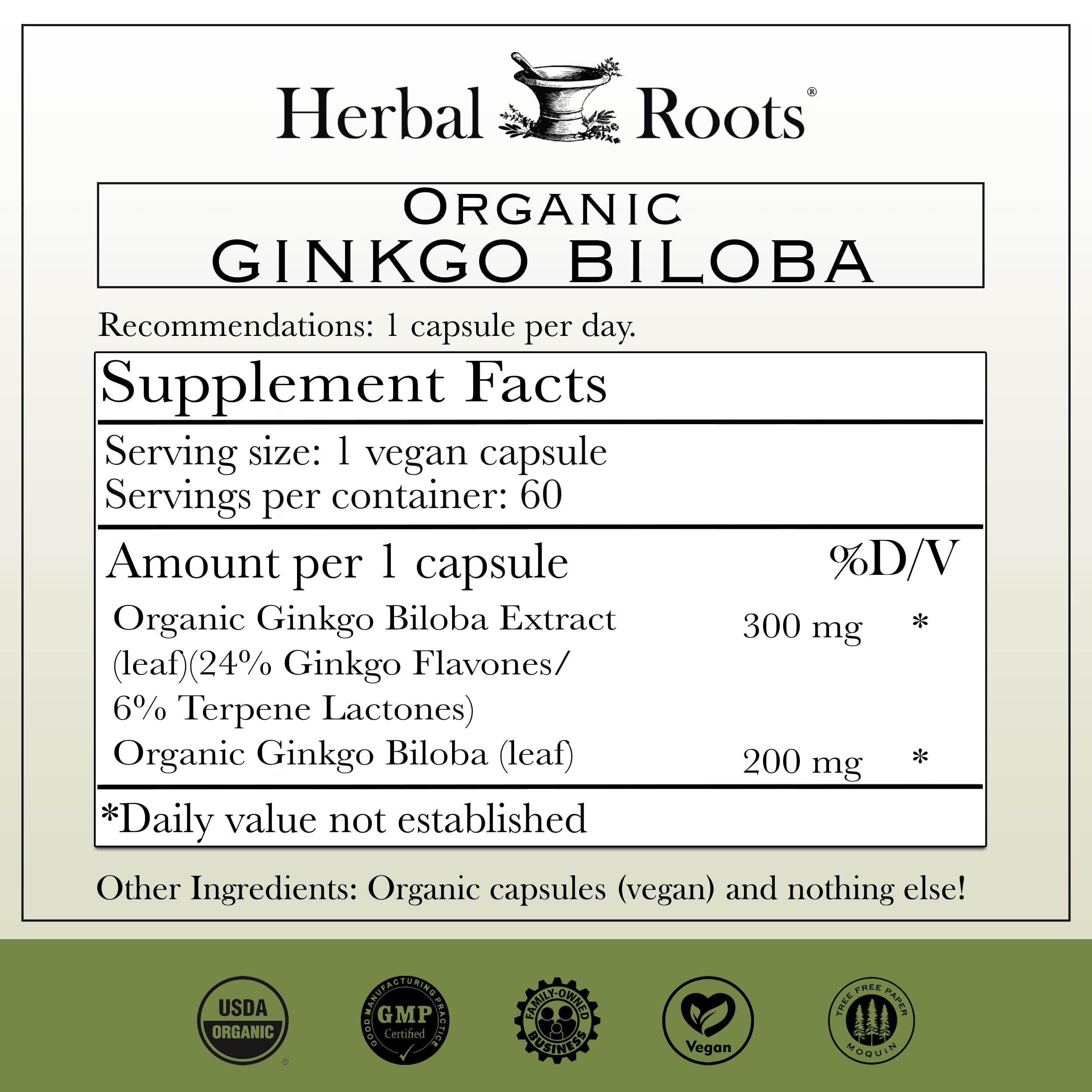 Herbal Roots Ginkgo Biloba bottle cap highlights easy-to-swallow vegan capsules.