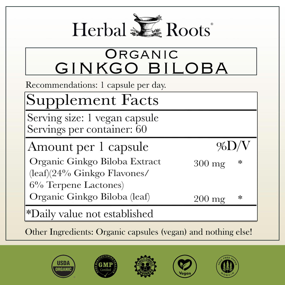 Herbal Roots Ginkgo Biloba bottle cap highlights easy-to-swallow vegan capsules.