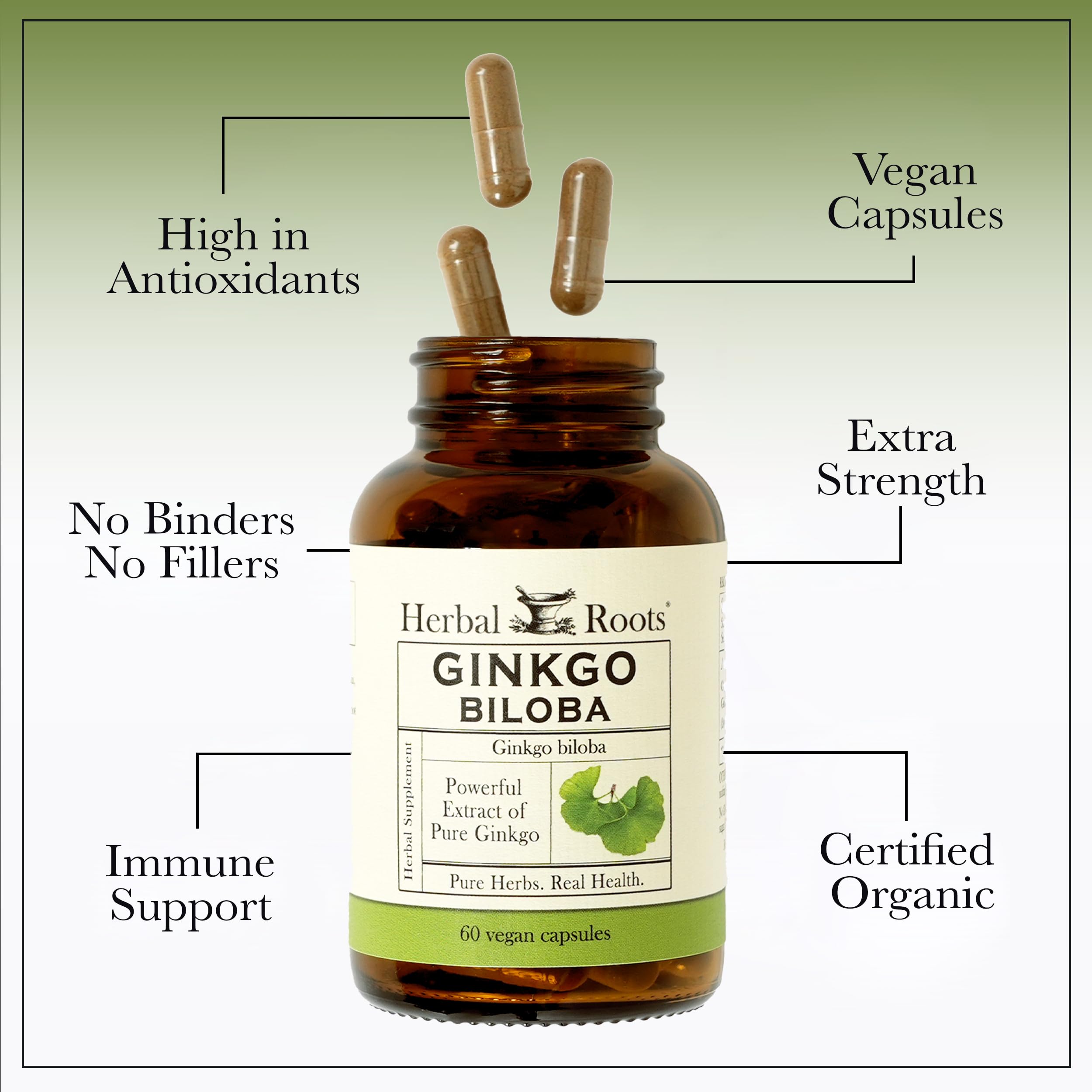 Herbal Roots Ginkgo Biloba capsules arranged to illustrate vegan supplement convenience.