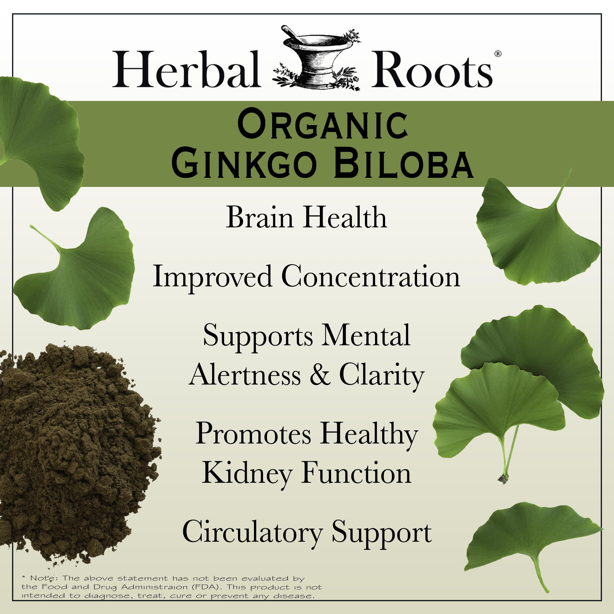 Herbal Roots Ginkgo Biloba label closeup emphasizes purity and high-quality standards.