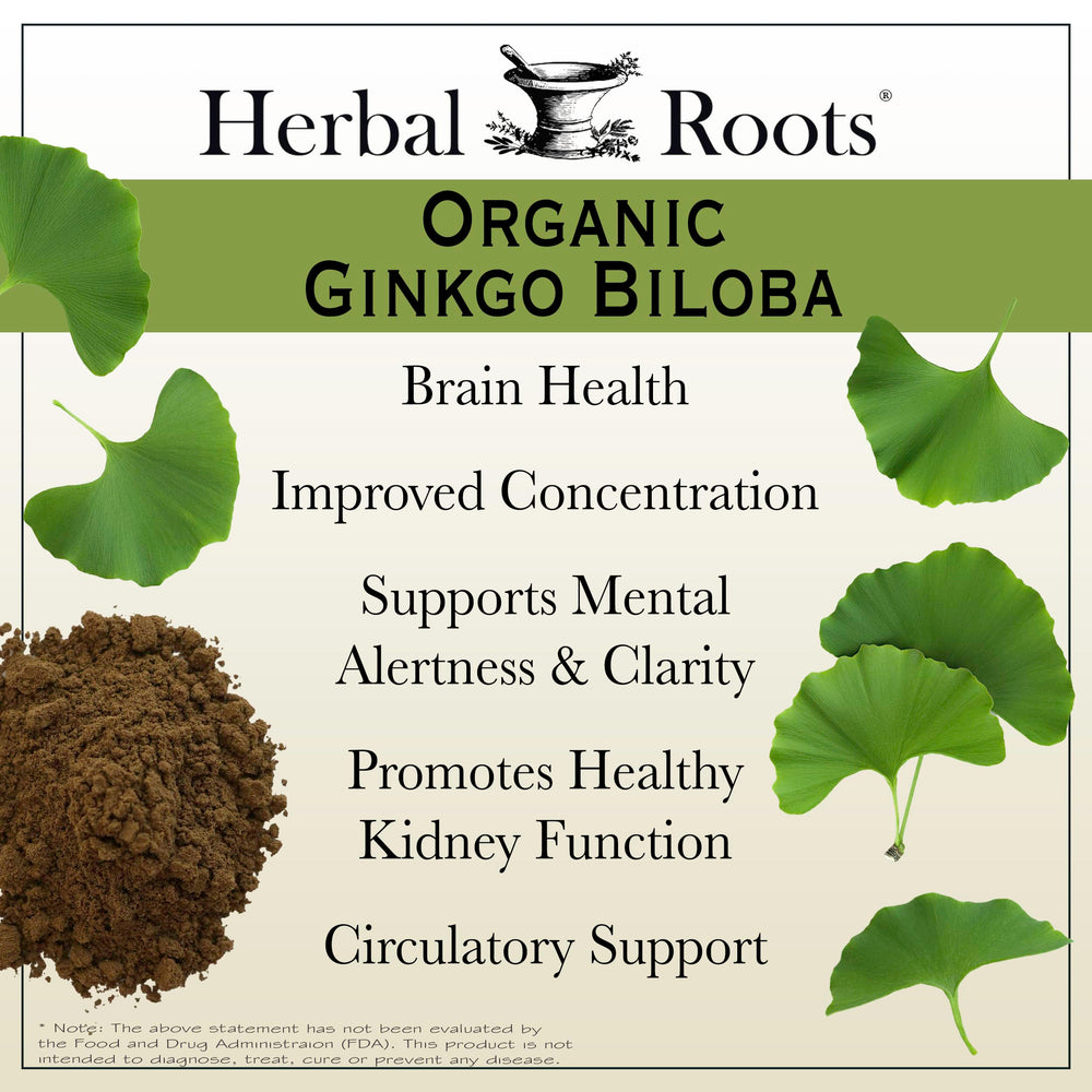 Herbal Roots Ginkgo Biloba label closeup emphasizes purity and high-quality standards.