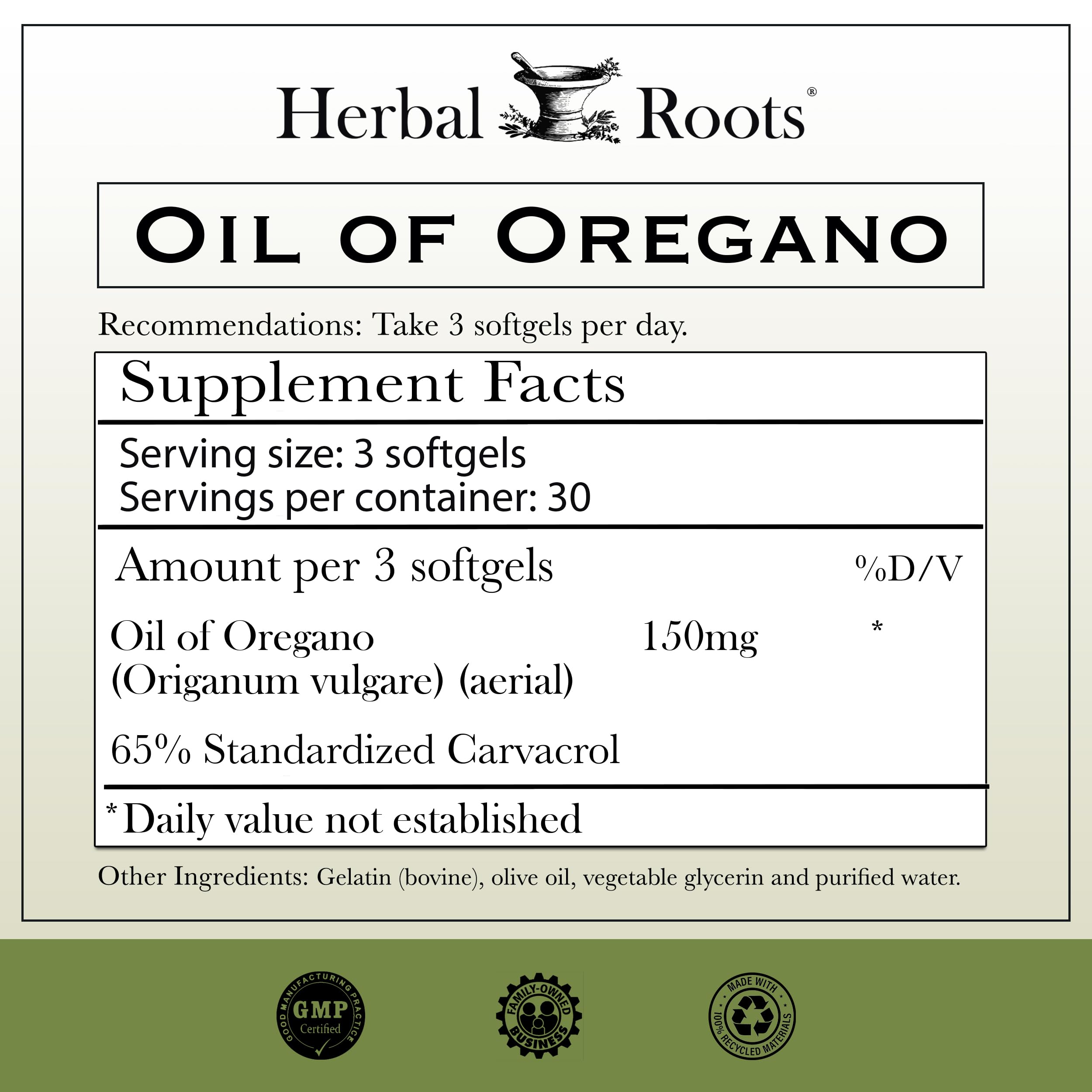 Herbal Roots oregano softgel capsules close-up highlighting extra strength 150 mg.