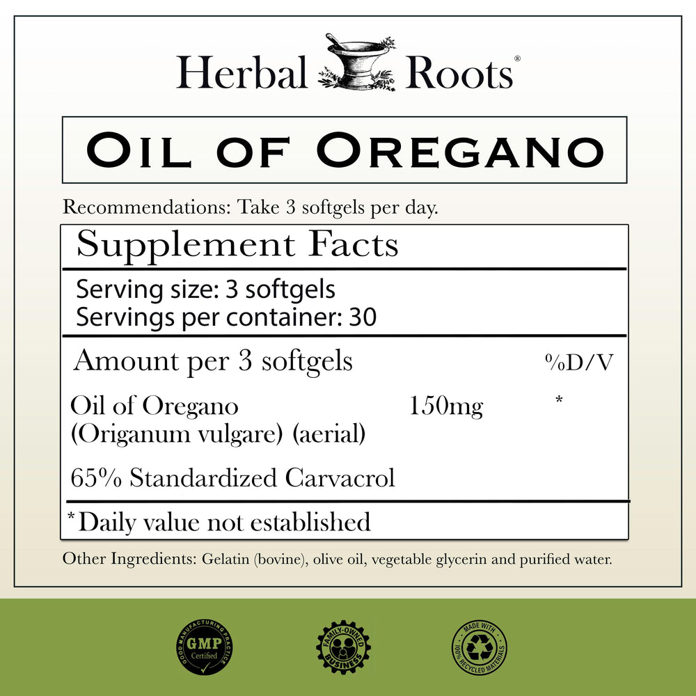 Herbal Roots oregano softgel capsules close-up highlighting extra strength 150 mg.