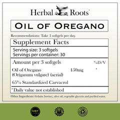 Herbal Roots oregano softgel capsules close-up highlighting extra strength 150 mg.