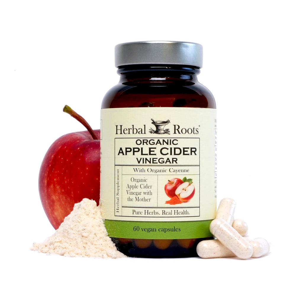 Herbal Roots organic ACV bottle showing full-strength apple cider vinegar capsules for digestive support