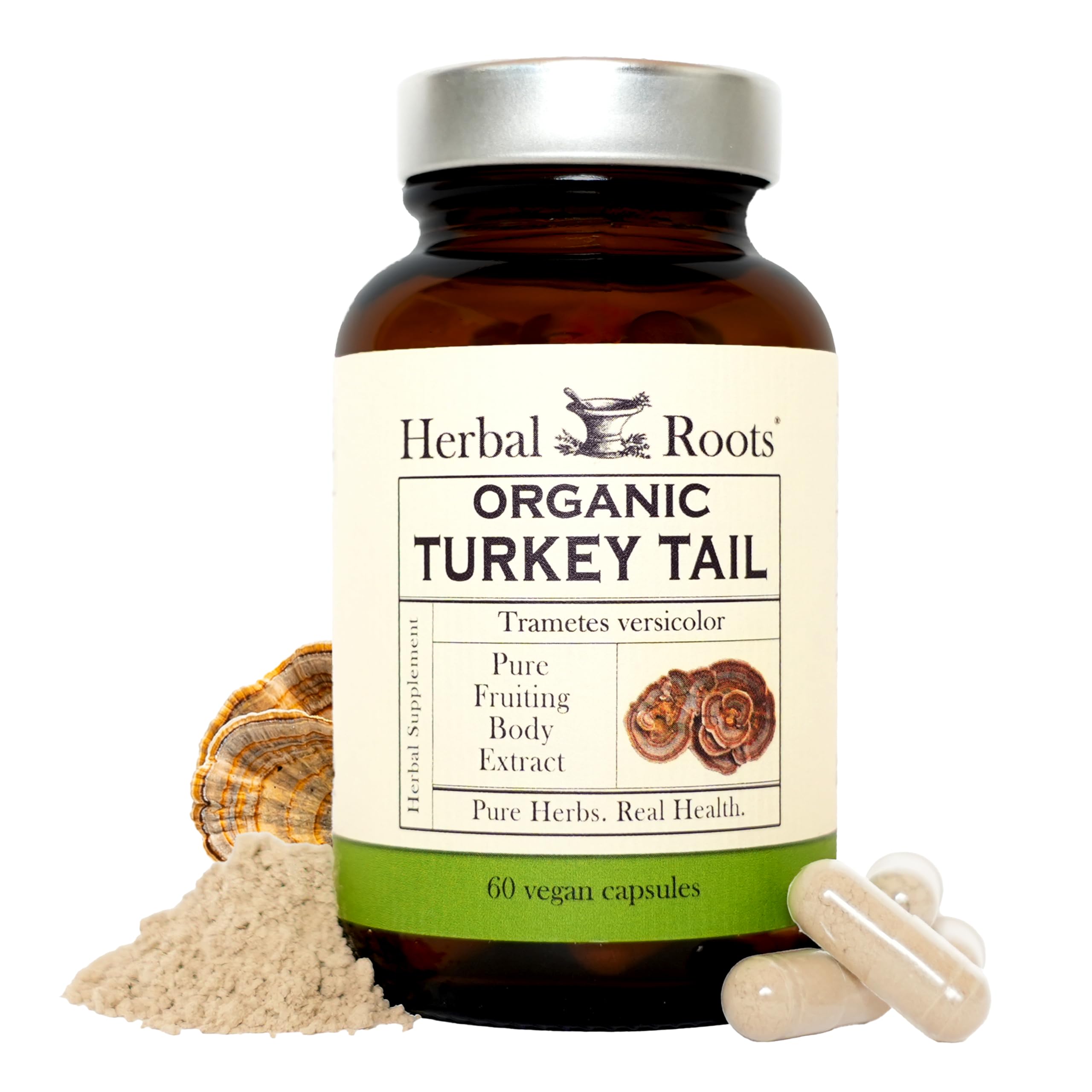 Herbal Roots turkey tail fruiting bodies extract bottle supports natural immune resilience