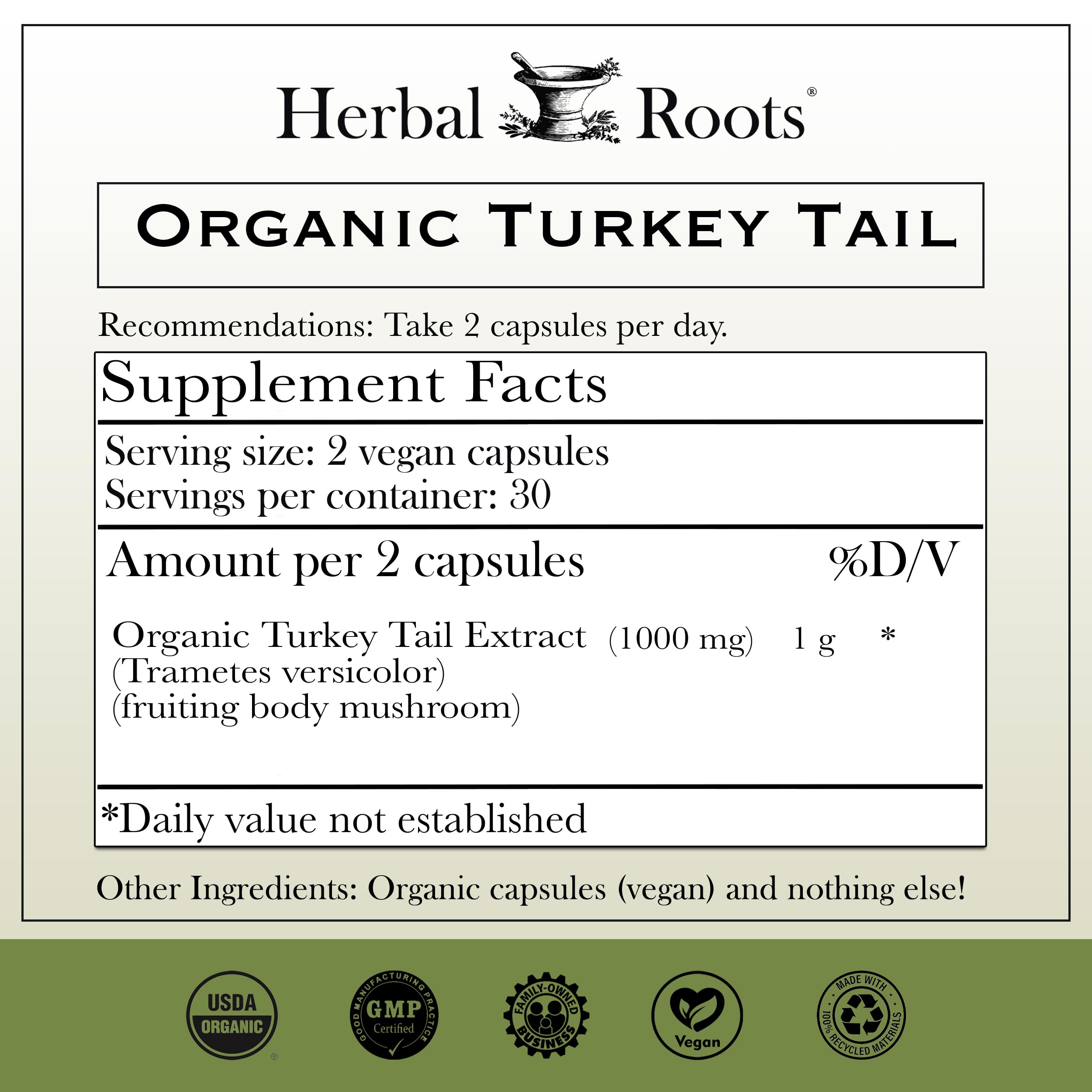 Herbal Roots turkey tail immune support capsules on label offer organic wellness