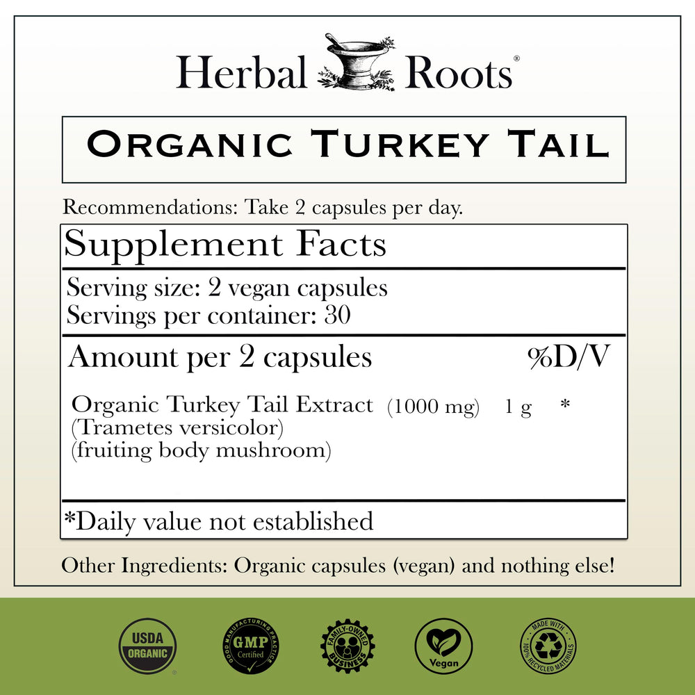 Herbal Roots turkey tail immune support capsules on label offer organic wellness