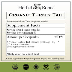 Herbal Roots turkey tail immune support capsules on label offer organic wellness