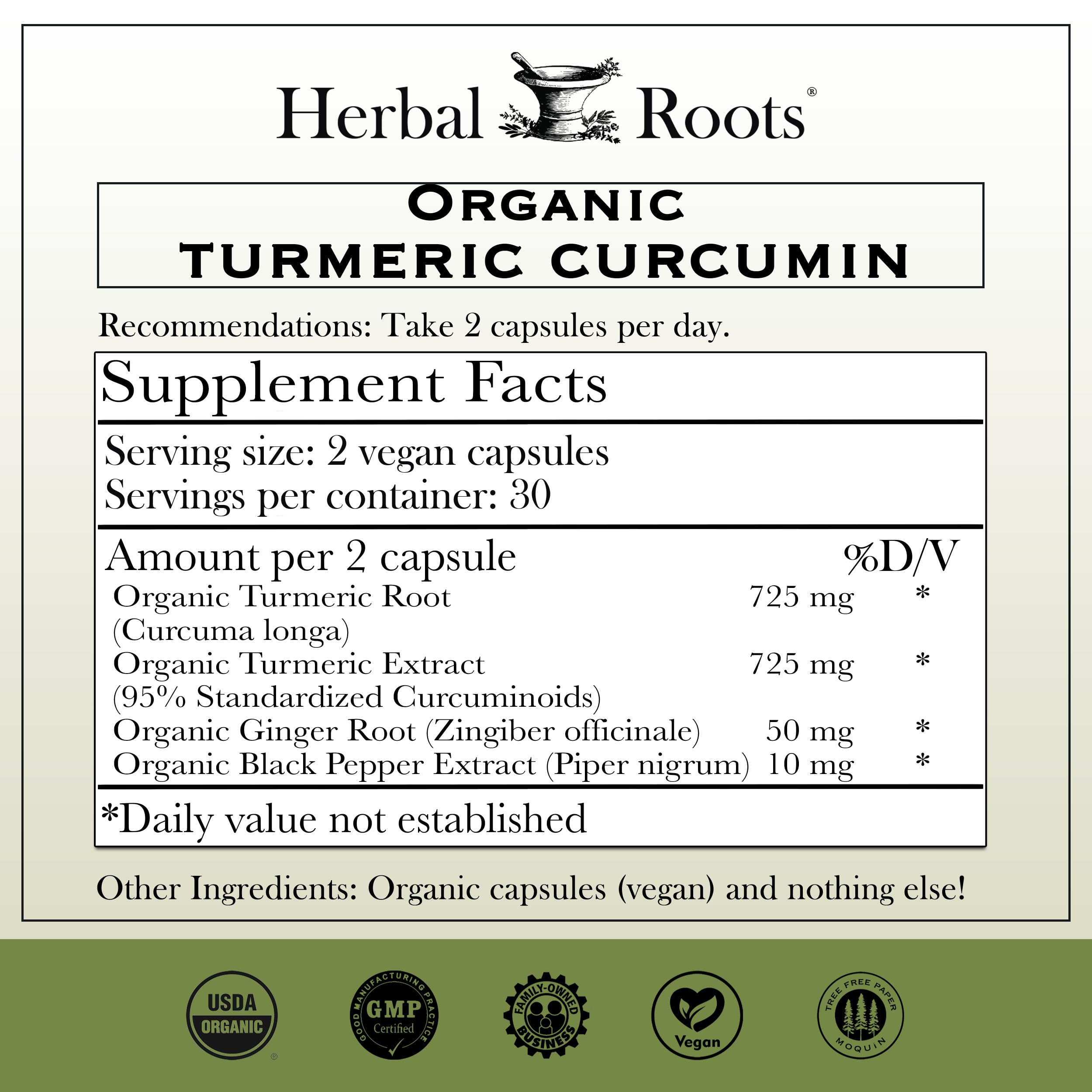 Herbal Roots Turmeric Capsules bottle side with dosage view