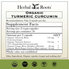 Herbal Roots Turmeric Capsules bottle side with dosage view