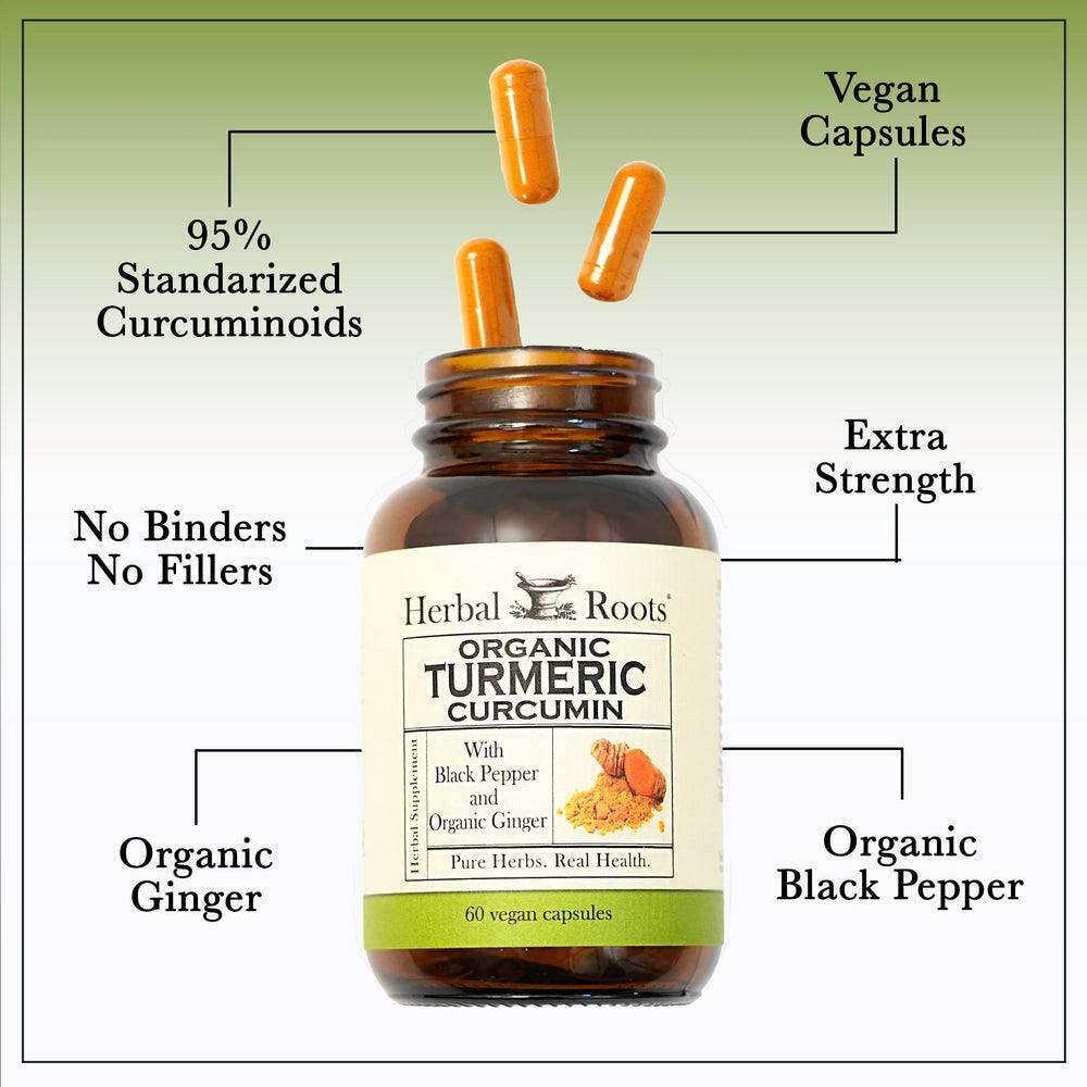 Herbal Roots Turmeric Capsules packaging box highlighting purity and quality