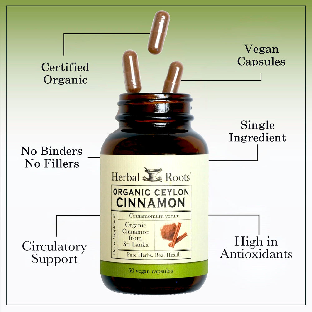 USDA Organic seal on Herbal Roots Cinnamon packaging.