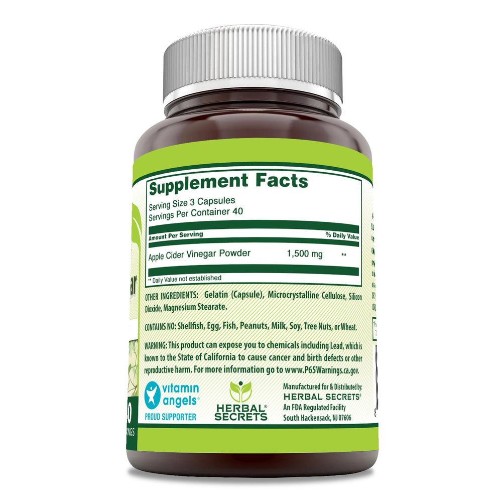 Herbal Secrets Apple Cider Vinegar capsules close-up showing 1500 mg per serving