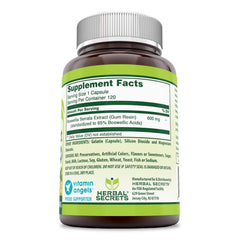 Herbal Secrets Boswellia label front view emphasizes quality and GMP standards