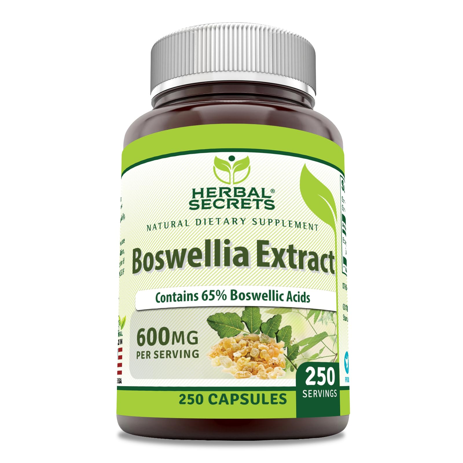 Herbal Secrets boswellia serrata extract bottle close-up showing the 600 mg label for purity