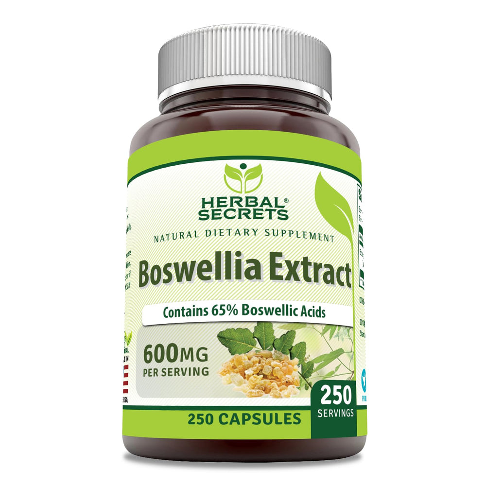 Herbal Secrets boswellia serrata extract bottle close-up showing the 600 mg label for purity