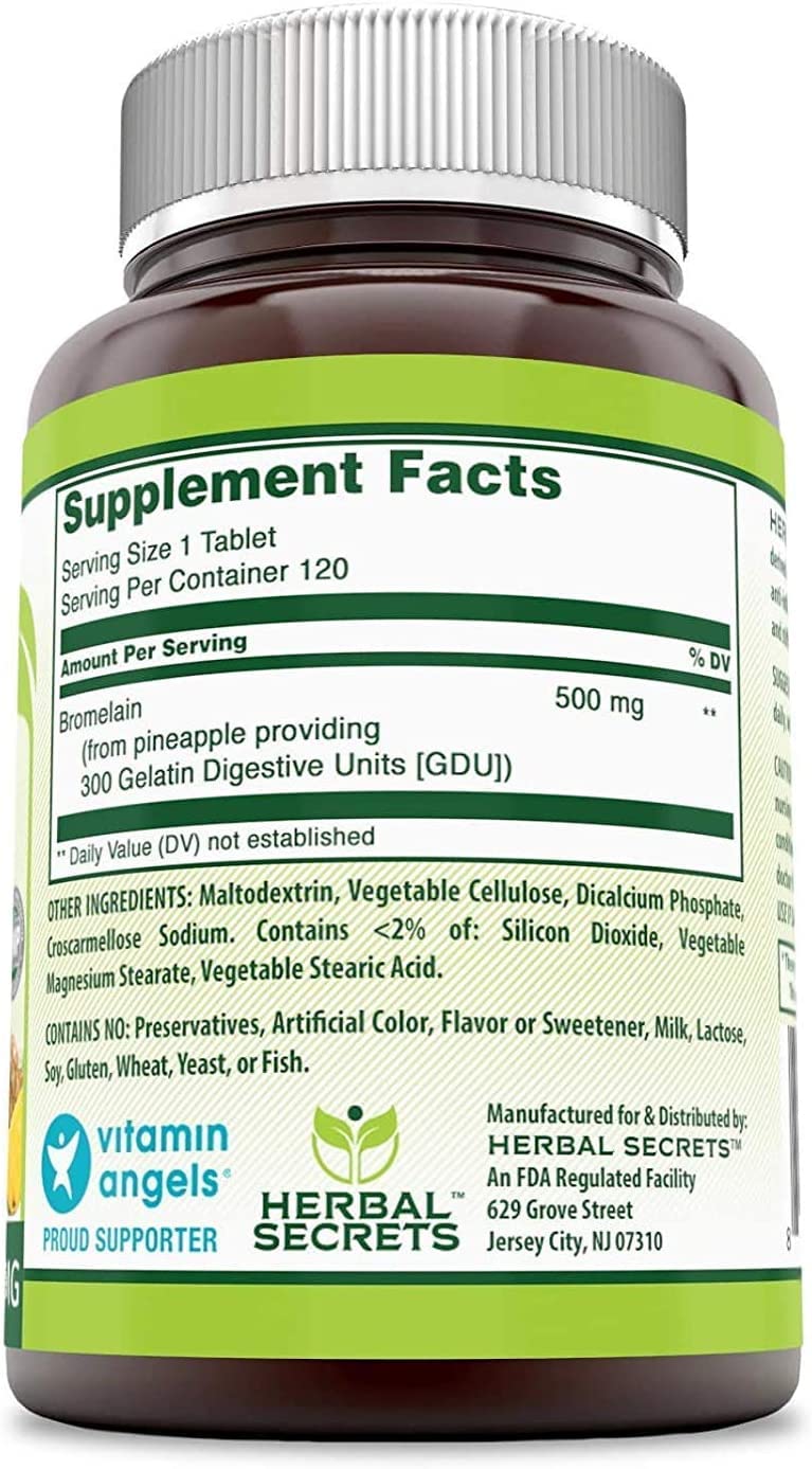 Herbal Secrets Bromelain 500mg tablet bottle with water for easy daily intake.
