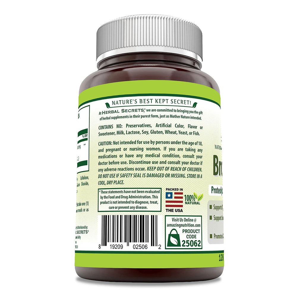 Herbal Secrets Bromelain label close-up highlighting third-party tested quality.