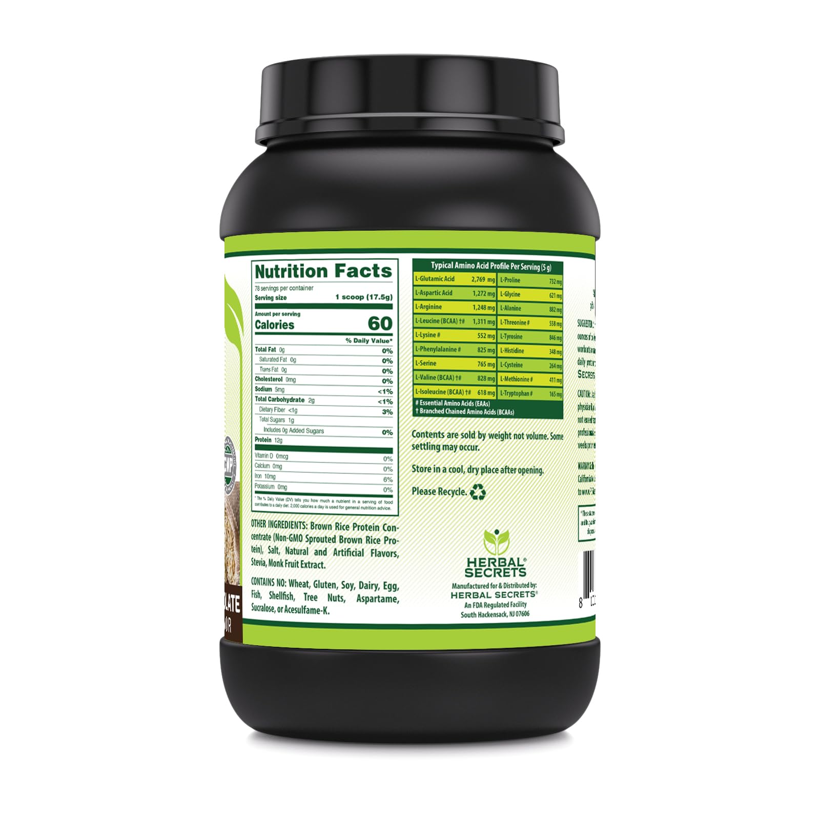 Herbal Secrets Brown Rice Protein Powder chocolate shake ready to mix for vegan protein