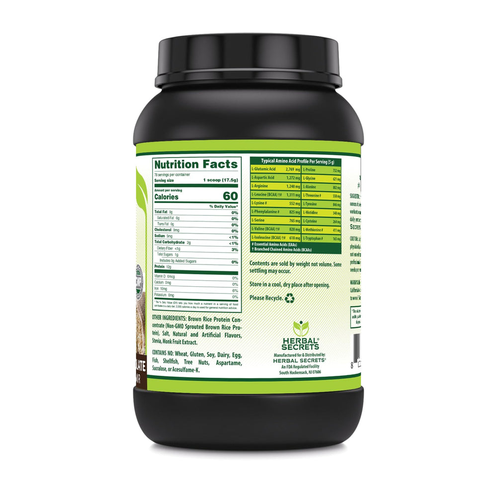 Herbal Secrets Brown Rice Protein Powder chocolate shake ready to mix for vegan protein