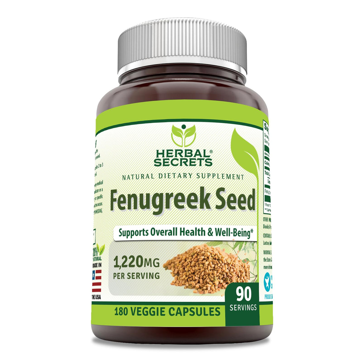 Herbal Secrets Fenugreek bottle closeup highlights 1220 mg per serving for daily use.