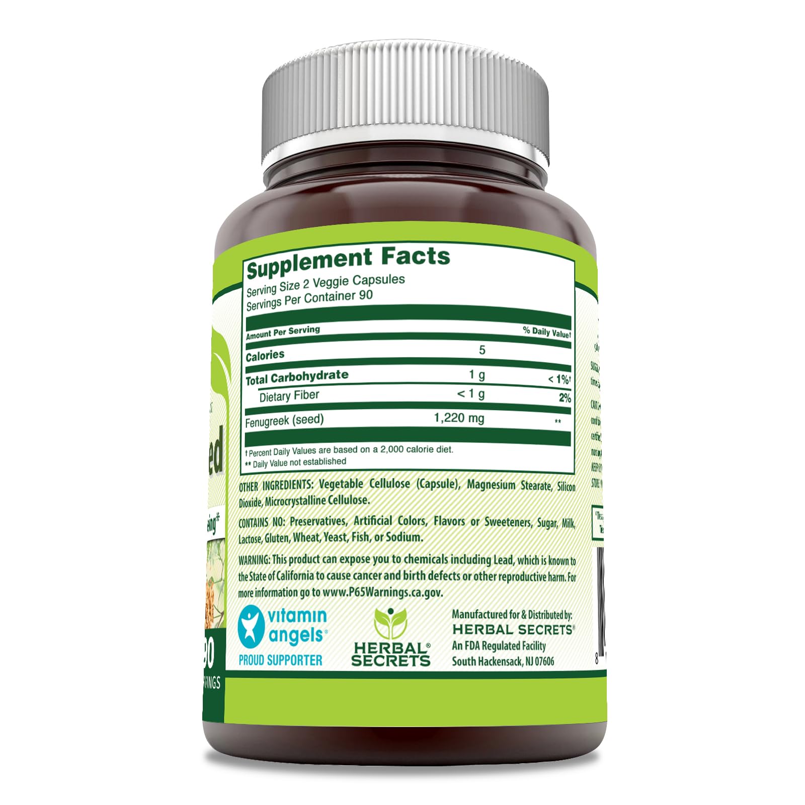 Herbal Secrets Fenugreek capsules 180-count illustrate plant-based convenience for daily routines.