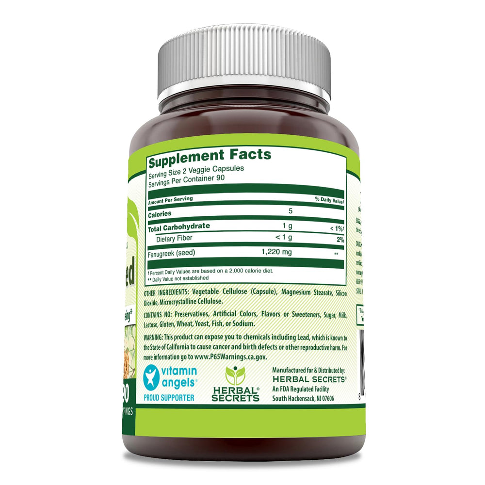 Herbal Secrets Fenugreek capsules 180-count illustrate plant-based convenience for daily routines.