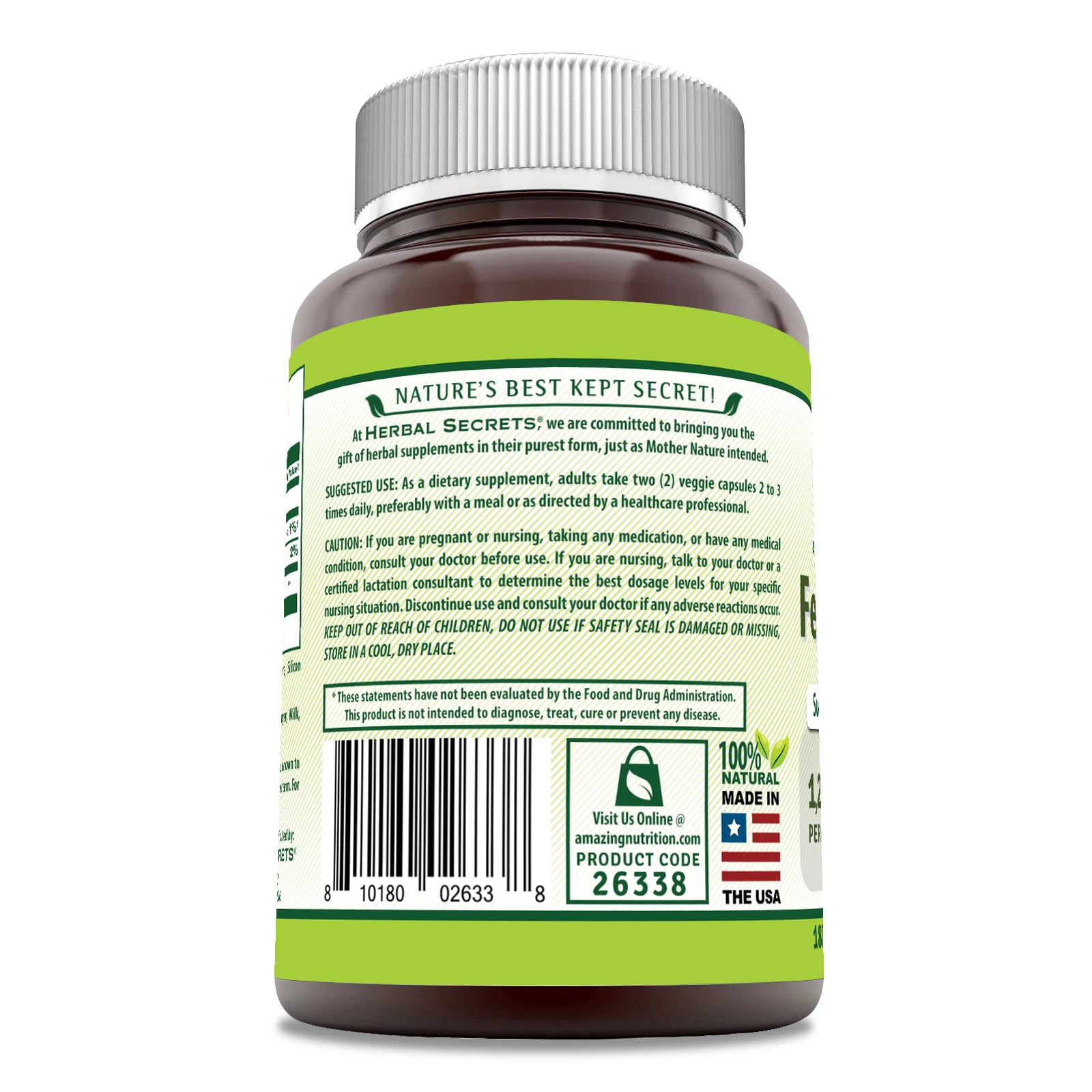 Herbal Secrets Fenugreek packaging display showcases non-GMO and gluten-free USA-made quality.