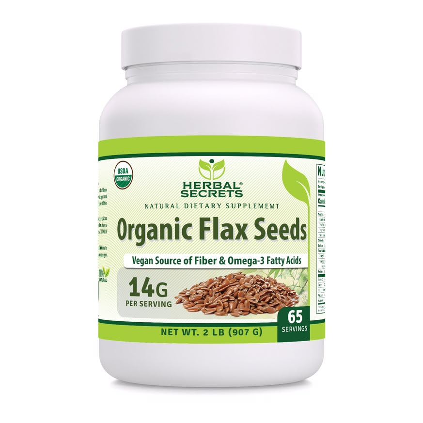 Herbal Secrets flax seeds 14g serving bottle close-up for daily fiber.