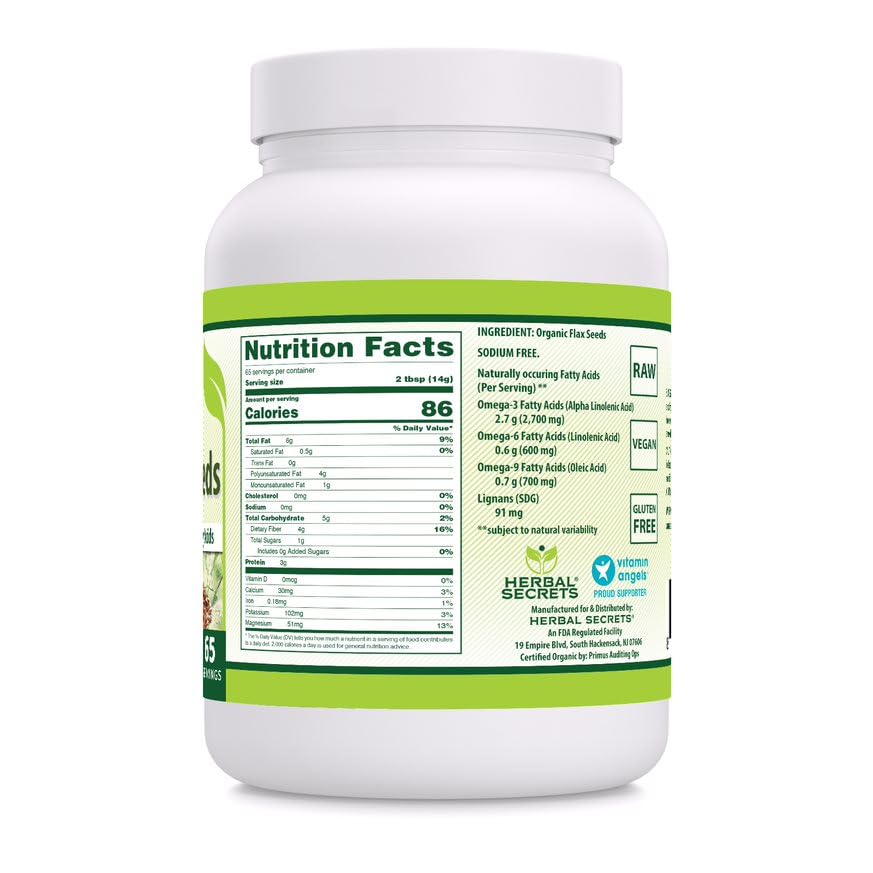 Herbal Secrets flax seeds package close-up, great for baking and smoothies.