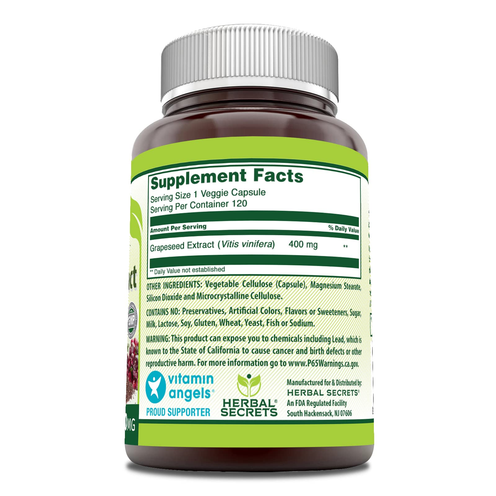 Herbal Secrets Grapeseed Extract capsules highlighting 120 servings for ongoing wellness.