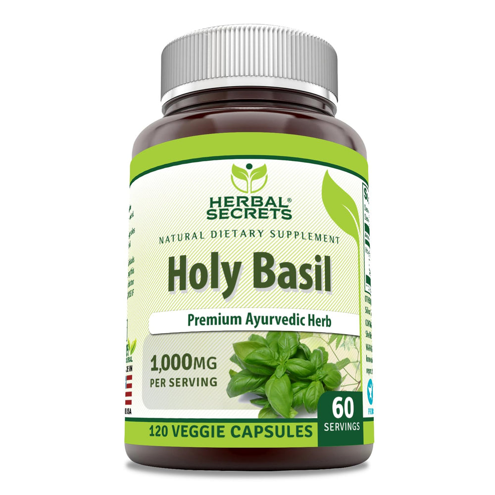 Herbal Secrets Holy Basil 1000mg bottle front view for easy daily supplementation.