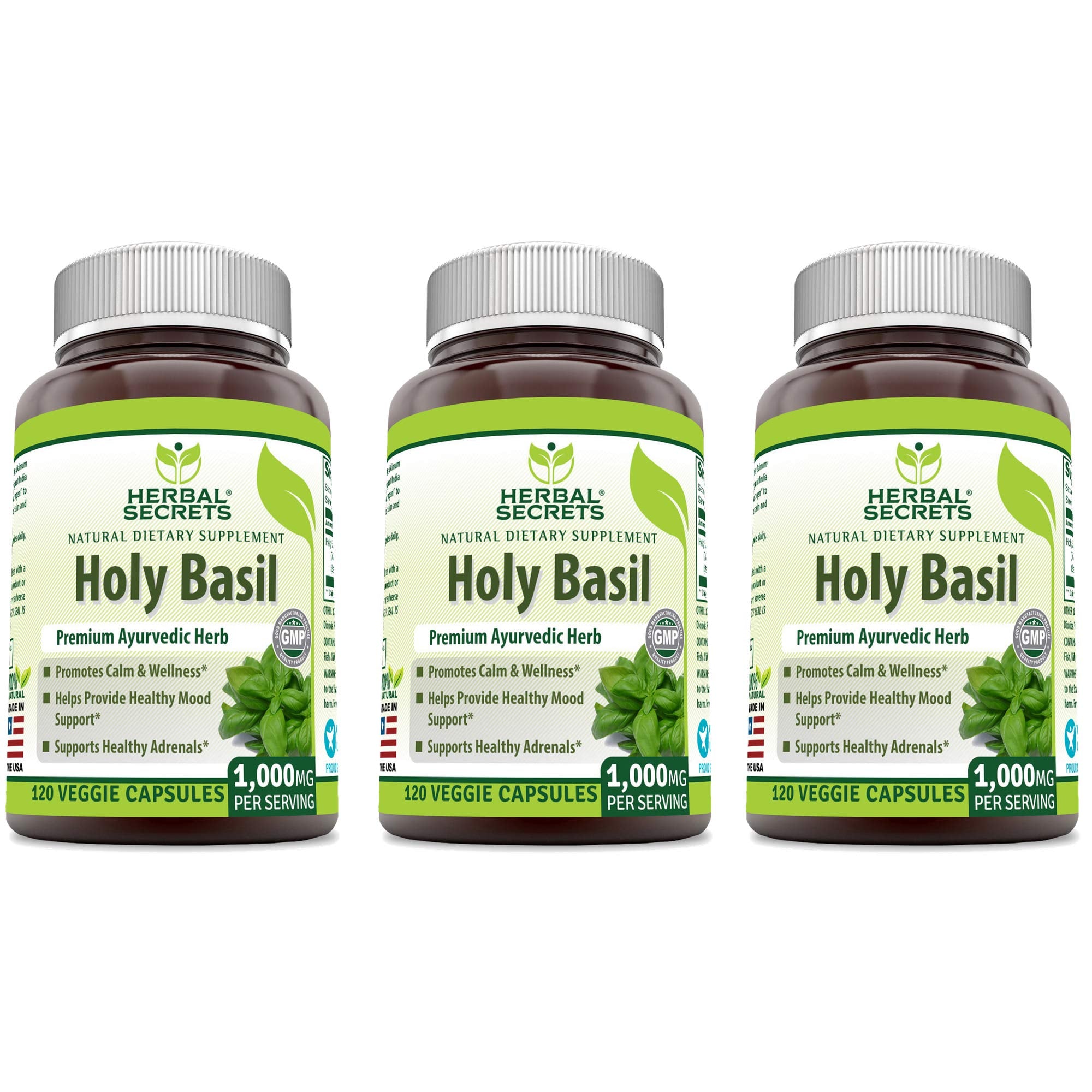 Herbal Secrets Holy Basil 1000 mg bottle front view for daily wellness
