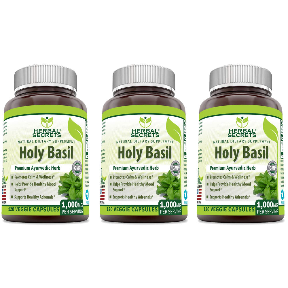 Herbal Secrets Holy Basil 1000 mg bottle front view for daily wellness