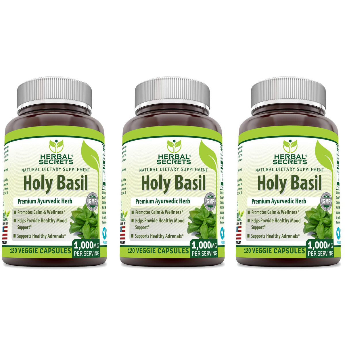 Herbal Secrets Holy Basil 1000 mg bottle front view for daily wellness