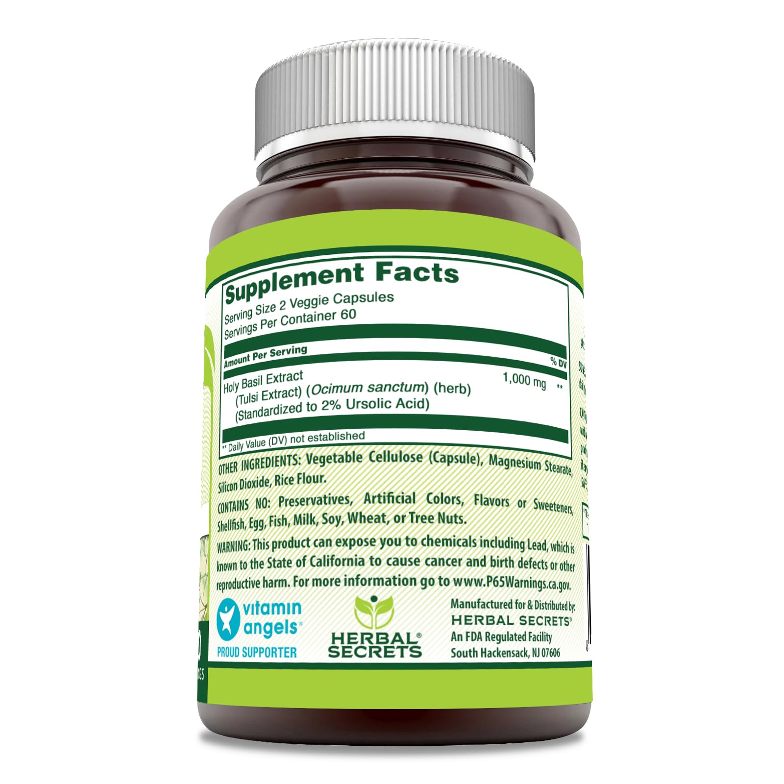 Herbal Secrets Holy Basil 1000mg serving capsules support convenient daily intake.