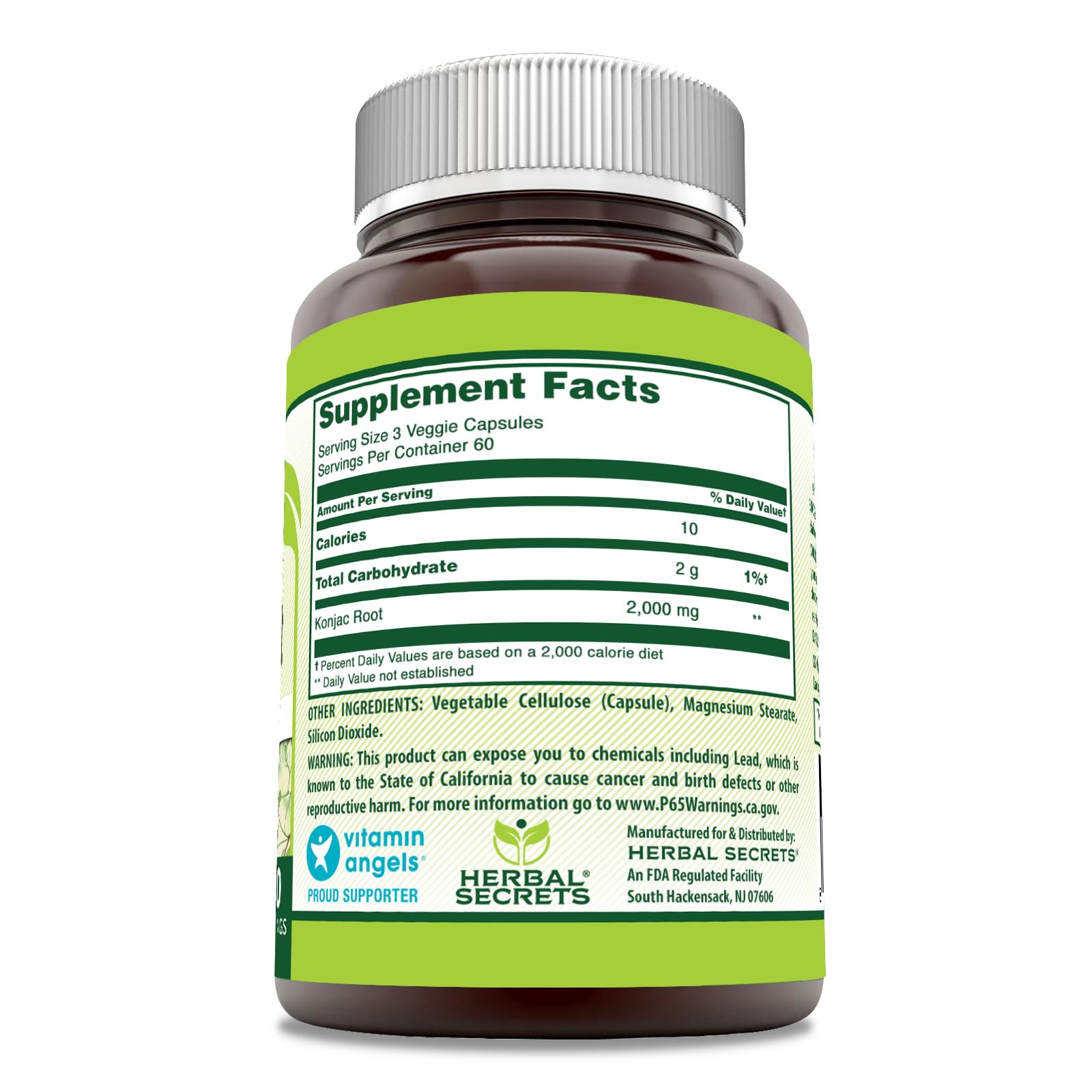 Herbal Secrets Konjac Root Supplement label closeup showing purity and third-party testing.