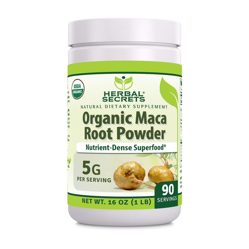Herbal Secrets maca powder bottle showing USDA Organic certification for daily energy