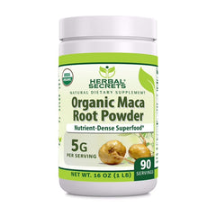Herbal Secrets maca powder bottle showing USDA Organic certification for daily energy