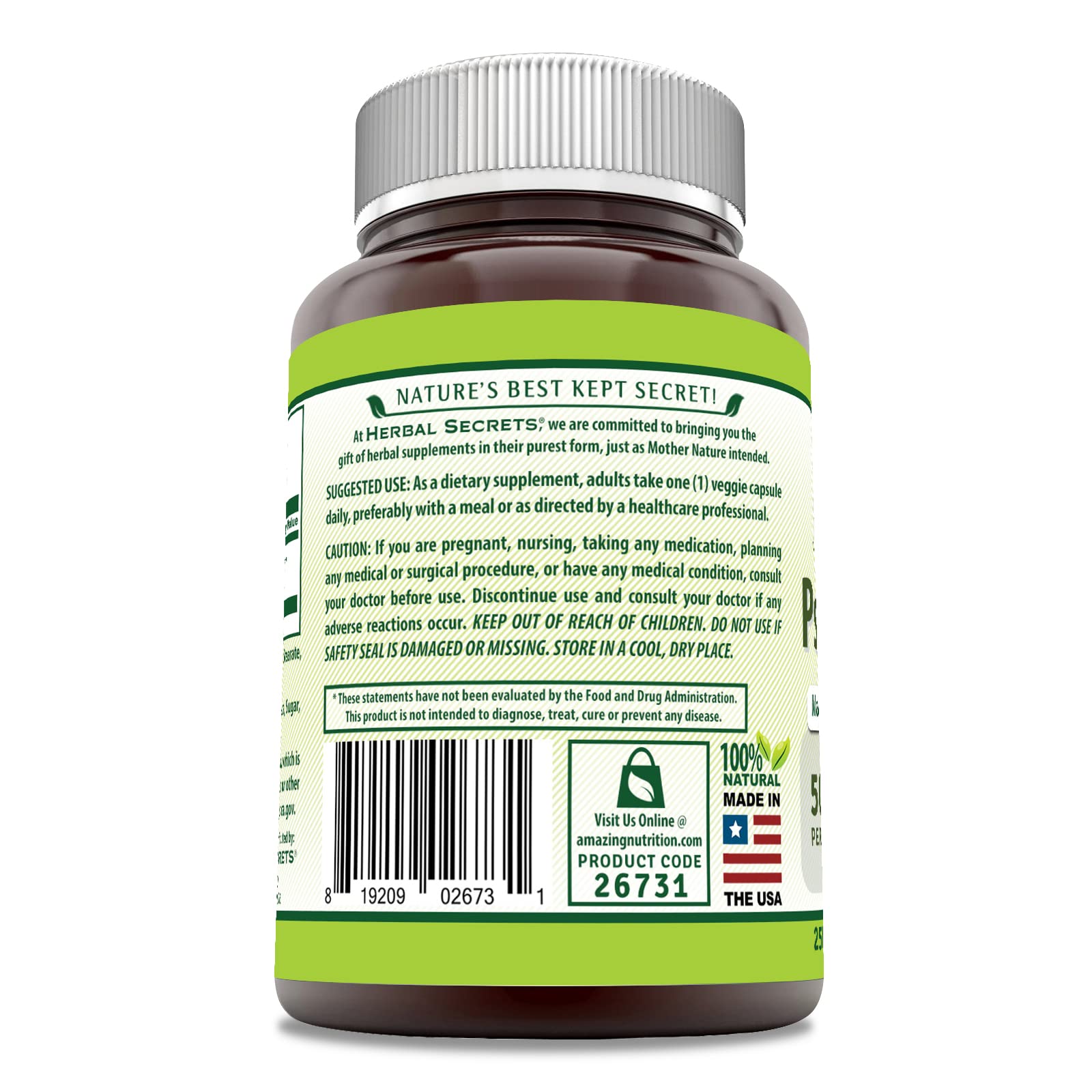 Herbal Secrets made in USA label emphasizes quality, gluten-free and non-GMO promise.