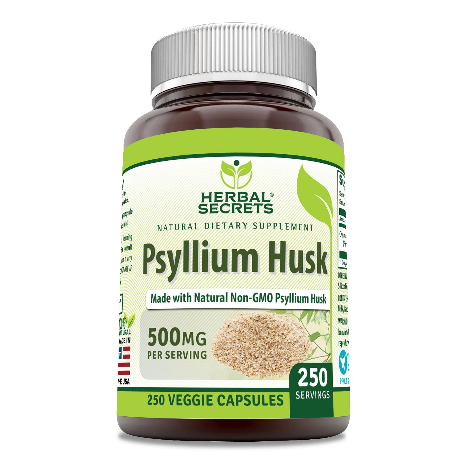 Herbal Secrets psyllium husk bottle with 500 mg capsules supports daily fiber intake.