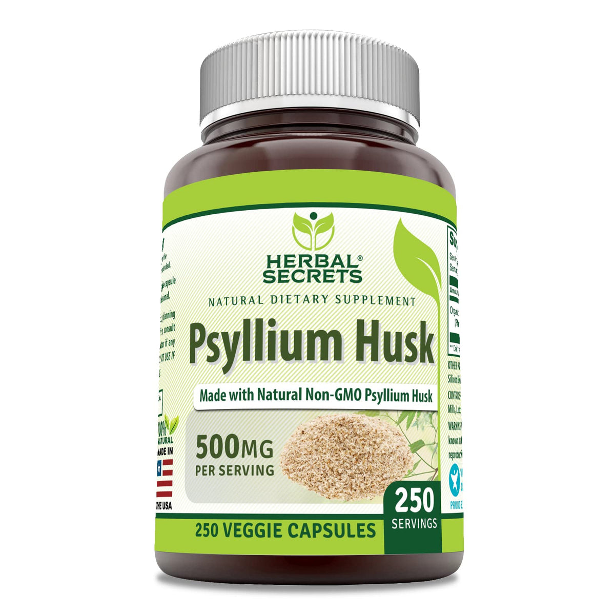 Herbal Secrets psyllium husk bottle with 500 mg capsules supports daily fiber intake.